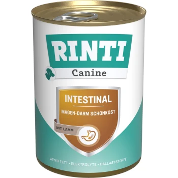 Rinti Canine Intestinal Hundefutterdose, mit einem türkis-weißen Design, beschriftet mit "Magen-Darm Schon kost mit Lamm" und Nährwertangaben.