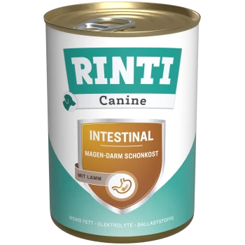 Rinti Canine Intestinal Hundefutterdose, mit einem türkis-weißen Design, beschriftet mit "Magen-Darm Schon kost mit Lamm" und Nährwertangaben.