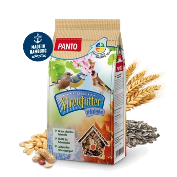 Tüte Panto Premium Streufutter Vogelfutter, mit bunten Vögeln und Text über ganzjährige Fütterung und Verwendung in Futterhäusern.