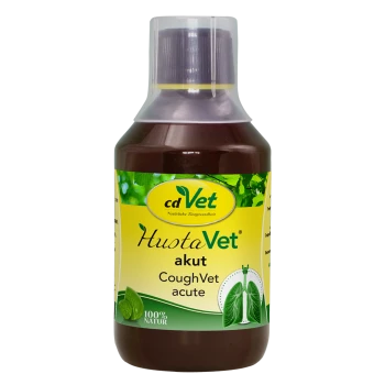 Braune cdVet-Flasche eines Hustemittels mit der Aufschrift 'HustaVet akut', Lungenillustration und '100% NATUR'.