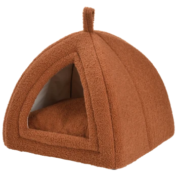 Brown triangular soft pet bed with a small loop on top, designed for cats or small dogs.