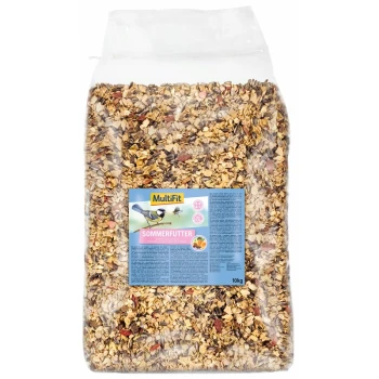Ein 10 kg Sack MultiFit Vogelfutter mit der Aufschrift "Sommerfutter", der ein buntes Bild eines Vogels und detaillierte Nährwertinformationen zeigt.