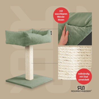 Grünes Haustierbett mit abnehmbarem Kissen, mit einem sisalumwickelten Kratzbaum und einem stabilen Boden.