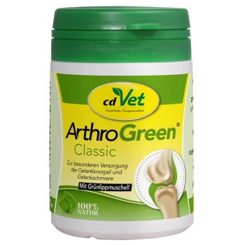 Behälter von cdVet ArthroGreen Classic, einem natürlichen Nahrungsergänzungsmittel für die Gelenkgesundheit, mit einem grünen Deckel und Text auf Deutsch über Gelenkpflege.