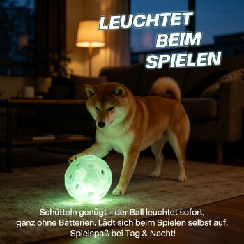 Shiba Inu mit leuchtender grüner Kugel; überlagerter deutscher Text 'LEUCHTET BEIM SPIELEN' und Hinweis: batteriefrei.