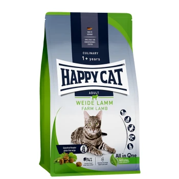 Sac de nourriture pour chats Happy Cat Adult avec un chat tigré, étiqueté "Weide Lamm" (Agneau de la Ferme), adapté aux chats de 1 an et plus, recette sans gluten.