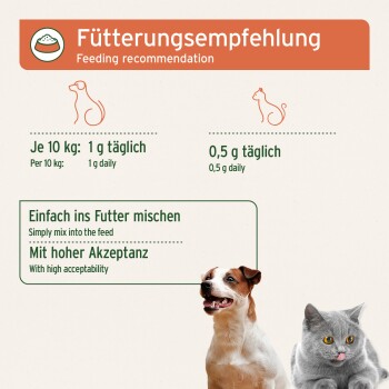 Fütterungsempfehlung — 1 g/10 kg täglich (Hund), 0,5 g täglich (Katze); ins Futter mischen. Hund und Katze abgebildet.