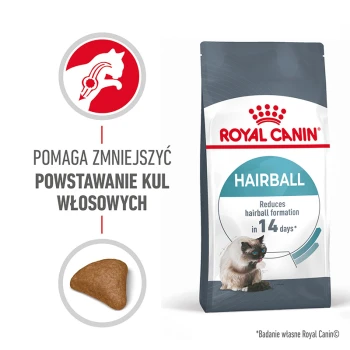 Worek z karmą dla kotów Royal Canin Hairball, z wizerunkiem kota i krokietów, twierdzi, że zmniejsza powstawanie kul włosowych w ciągu 14 dni.