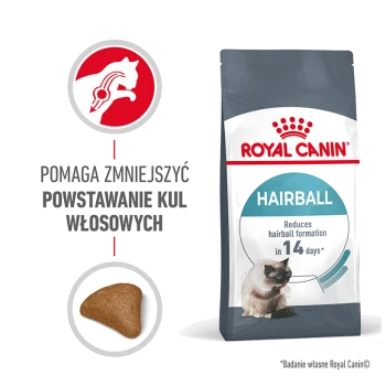 Worek z karmą dla kotów Royal Canin Hairball, z wizerunkiem kota i krokietów, twierdzi, że zmniejsza powstawanie kul włosowych w ciągu 14 dni.