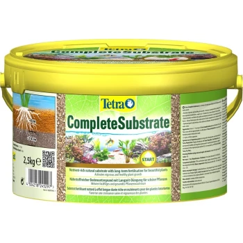 Complete Substrate 2,5 kg Tetra CompleteSubstrate 2,5 kg Behälter mit gelbem Deckel, der Pflanzenwurzeln zeigt und Informationen über nährstoffreiches Substrat für gesundes Wachstum enthält.
