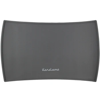 Grau gefärbte Futtermatte für Haustiere mit einer strukturierten Oberfläche und abgerundeten Kanten, mit dem Markennamen 'Karaluna' in weißer Schrift.
