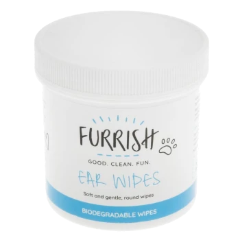 White jar of Furrish pet ear wipes with blue label reading Furrish, Ear Wipes and Biodegradable Wipes.