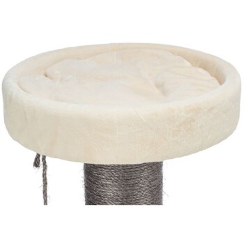 Cremefarbener Plüschkatzenbett auf einem stabilen, mit Sisal umwickelten Kratzbaum.