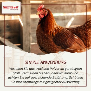 Braune Henne in einem Stall, "Supravit Farming Days"-Logo oben links, überlagerte deutsche Überschrift "SIMPLE ANWENDUNG" und Anweisungen