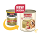 Zwei Dosen Animonda GranCarno Hundefutter für erwachsene Hunde mit Pansen, zeigen altes und neues Design mit der Aufschrift „NEUES DESIGN“.