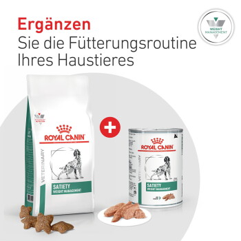 Royal Canin Satiety Weight Management Hundefutter-Sack und Dose mit Pluszeichen und Proben; sichtbarer Text 'Ergänzen'