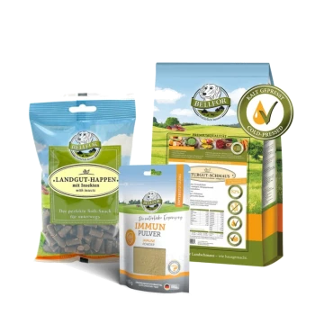 Bellfor Tiernahrungsprodukte: "Landgut-Happen mit Insekten" Snacks, "Immuns Pulver" Immunpulver und "Landschmaus" Trockenfutter, alle in bunten Verpackungen.