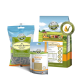 Bellfor Tiernahrungsprodukte: "Landgut-Happen mit Insekten" Snacks, "Immuns Pulver" Immunpulver und "Landschmaus" Trockenfutter, alle in bunten Verpackungen.