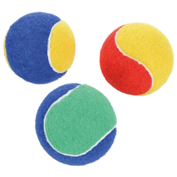 Three colorful pet balls in blue, green, yellow, and red, made of soft felt material, ideal for dog playtime.