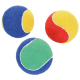 Three colorful pet balls in blue, green, yellow, and red, made of soft felt material, ideal for dog playtime.