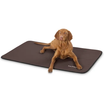 Ein brauner Hund, der auf einer dunkelbraunen Haustiermatte mit einem weißen Logo liegt, was Komfort und Entspannung zeigt.