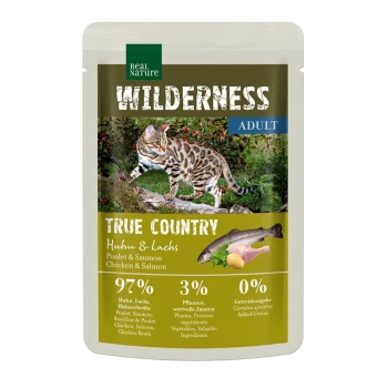 WILDERNESS Nassfutter Katze, Adult, True Country 12x85 g True Country, Huhn und Lachs Beutel mit Real Nature Wilderness Katzenfutter mit einer Bengal-Katze. Höhepunkte: "Echte Heimat", "Huhn & Lachs", 97% Fleisch, 3% Pflanzen.