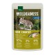 Pouch of Real Nature Wilderness cat food with a Bengal cat. Highlights: "True Country," "Chicken & Salmon," 97% meat, 3% plants.