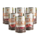Sechs Dosen Wildfang Premium-Hundefutter, beschriftet mit Pferd Pur und Lamm Pur, mit Bildern von rohem Fleisch.