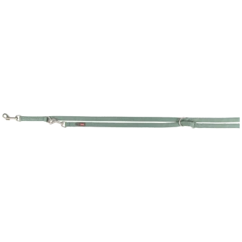 Eine hellgrüne Hundeleine mit einem Metallclip und einem Schlaufenhandgriff, mit einem kleinen roten Etikett.