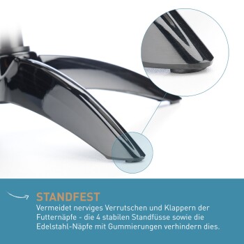 Nahaufnahme des Fußes eines schwarzen Futternapfständers mit Gummipolster; blaues Banner zeigt 'STANDFEST' und deutsche Produktbeschreibung.