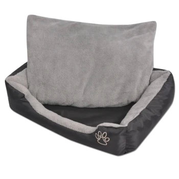 Ein gemütliches Haustierbett mit einem weichen grauen Fleece-Kissen und einem schwarzen Außenstoff, mit einem Pfotenabdruckdesign an der Seite.