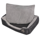 Ein gemütliches Haustierbett mit einem weichen grauen Fleece-Kissen und einem schwarzen Außenstoff, mit einem Pfotenabdruckdesign an der Seite.