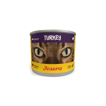 Acht Dosen Josera Tiernahrung, beschriftet mit "Truthahn", in einer gelben Box mit den Symbolen "Deutsche Qualität" und "Getreidefrei".