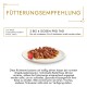 Fütterungsempfehlung für Katzen: 3 bis 4 Dosen pro Tag, auf mindestens 2 bis 3 Mahlzeiten verteilt. Enthält Fleisch und Gemüse.