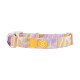 Pastellrosa-, violett- und beigegestreiftes Hundehalsband mit Metall-D-Ring und orangen Anhängern: WOOLLY WOLF; RECYCLED DOG GEAR.