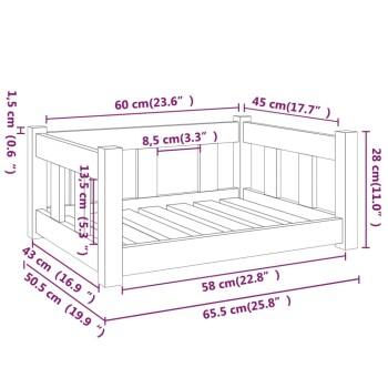 Illustration eines Haustierbettes mit in Zentimetern und Zoll beschrifteten Abmessungen, mit einem Holzrahmen und einem Lattenboden.