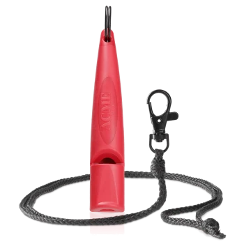 Rote ACME-Hundepfeife mit schwarzem Lanyard und Clip, verwendet für Haustiertraining.