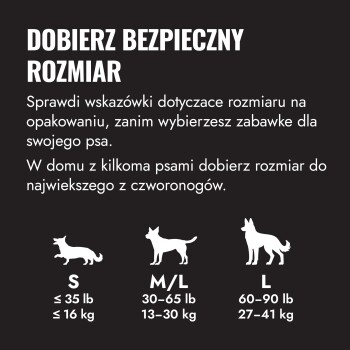 Plakat z przewodnikiem rozmiarów psów (polski napis „DOBIERZ BEZPIECZNY ROZMIAR”) pokazujący S, M/L, L z zakresami wag w lb/kg.