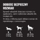 Plakat z przewodnikiem rozmiarów psów (polski napis „DOBIERZ BEZPIECZNY ROZMIAR”) pokazujący S, M/L, L z zakresami wag w lb/kg.