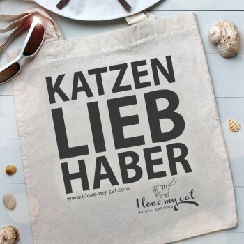 Beige Tragetasche mit fettem schwarzen Text: "KATZEN LIEB HABER," "www.i-love-my-cat.com," und einem Katzenlogo für natürliches Katzenfutter.