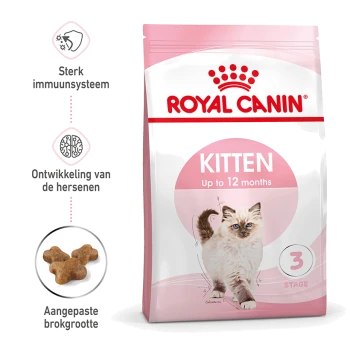 Royal Canin Kitten-zak (roze) 'Tot 12 maanden' met foto van kitten; zichtbare Nederlandse tekst "Sterk immuunsysteem".