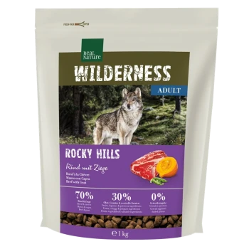 Hundefutterbeutel mit der Aufschrift "Wilderness Adult Rocky Hills" mit einem Wolf, der 70% Fleisch, 30% Früchte/Gemüse und keine Körner enthält.