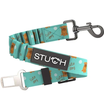 Eine türkisfarbene Hundeleine mit einem verspielten Muster von Cartoon-Hunden und dem Text "süßer Hund," mit einem schwarzen STUCH-Logo.