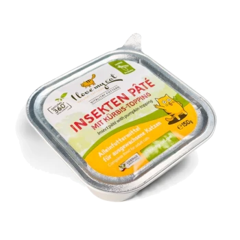 Insektenpastete für Katzen mit Kürbis-Topping in einer 150g silbernen Schale, beschriftet mit "Ich liebe meine Katze" und "Alleinfuttermittel für ausgewachsene Katzen."