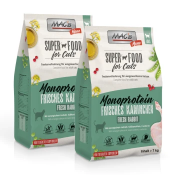 Cat Mono Trockenfutter Katze Adult Kaninchen 2x7 kg Zwei Beutel MAC's Mono Super Food für Katzen, mit "Monoprotein Frisches Kaninchen" und einem Inhalt von 7 kg.