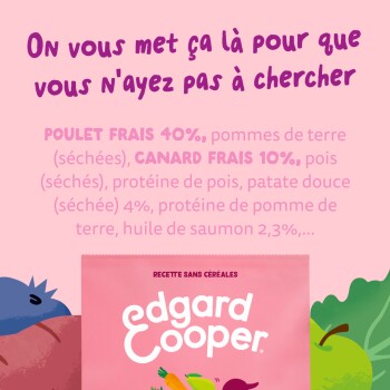 Sac rose Edgard Cooper avec en-tête français et ligne d'ingrédients « POULET FRAIS 40 %, CANARD FRAIS 10 % ».