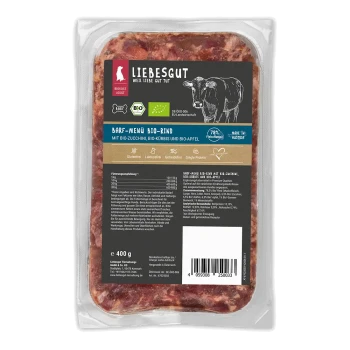 Vakuumversiegelte 400 g LIEBESGUT-Futterschale mit Aufschrift 'BARF-MENÜ BIO-RIND', Kuhillustration, Bio-Logos und '78% Fleischanteil'