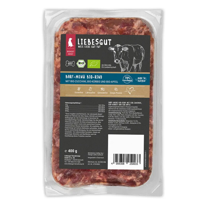 LIEBESGUT Hundefutter Barf-Menü Bio-Rind mit Bio-Gemüse und Bio-Obst 14x400 g