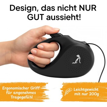 Eine Hand, die einen schwarzen ergonomischen Hundeleinengriff hält, mit Text, der das stilvolle Design, den Komfortgriff und das leichte Gewicht von 200 g hervorhebt.