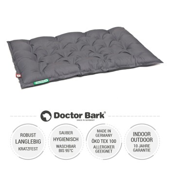 Graues Haustierbett mit gepolstertem Design, beschriftet mit 'Doctor Bark', mit Text über Haltbarkeit, Hygiene und Pflegeanweisungen.